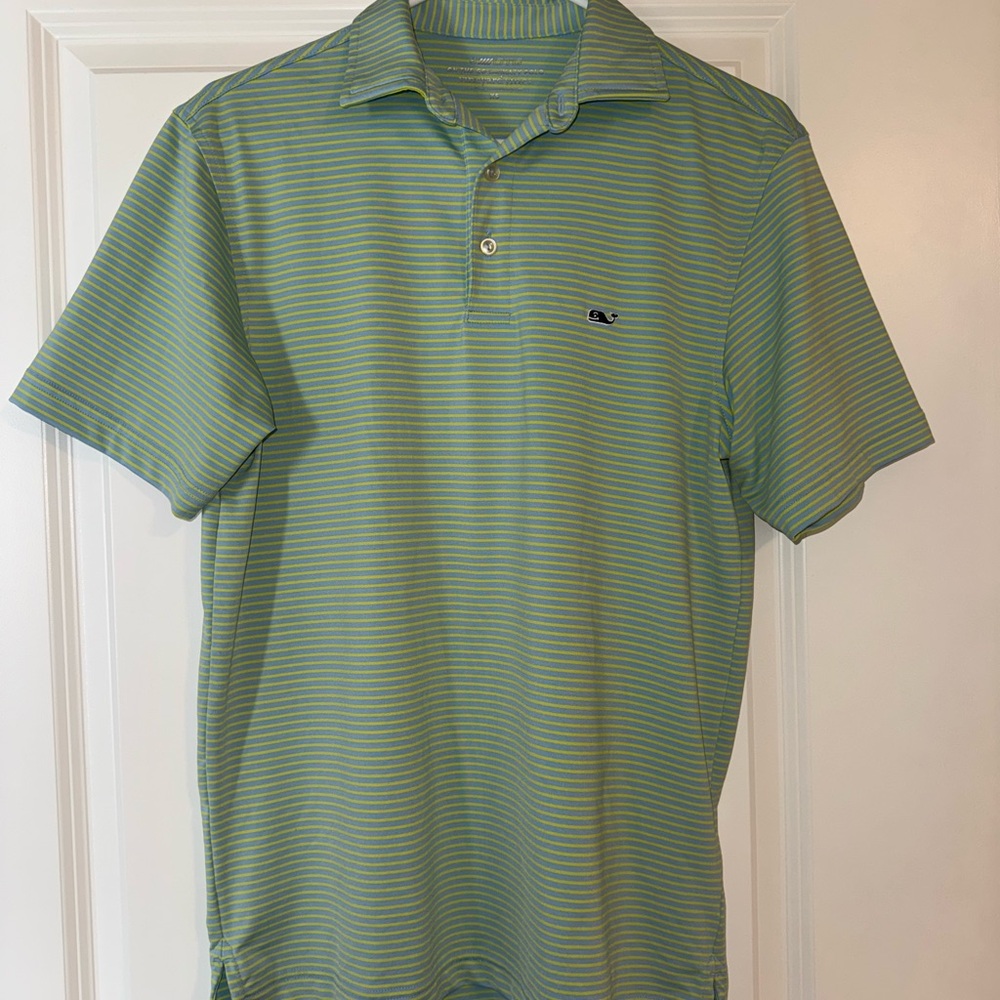 Vineyard Vines Men's Green and Blue Striped Polo Shirt